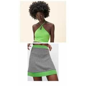 Zara Halter Crop Top + Knit Jacquard High Waisted Mini Skirt Neon Green Small